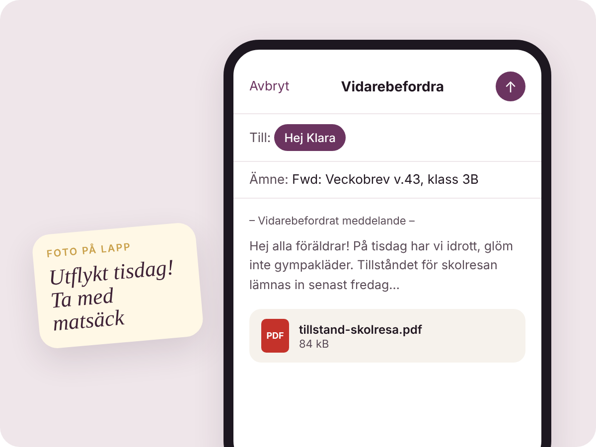 Skärmbild: ett vidarebefordrat mejl till Klaras adress